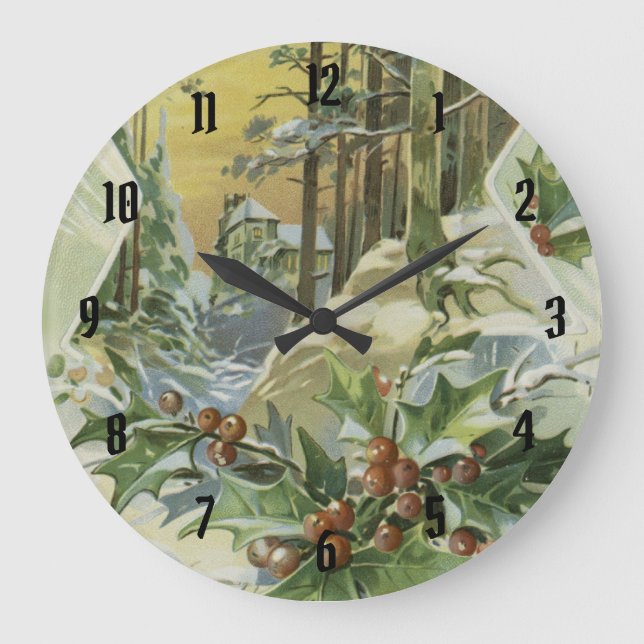 Winter House Vintage Illustration Large Clock (Front)