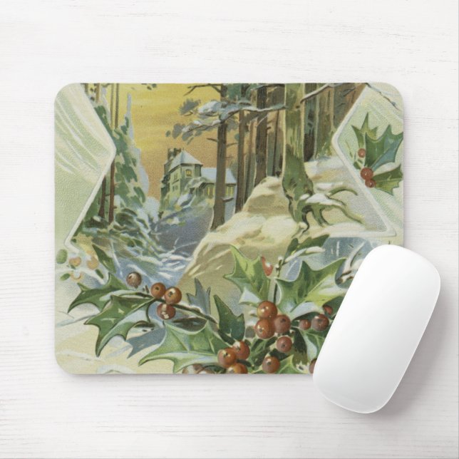 Winter House Vintage Illustration Mouse Mat (With Mouse)