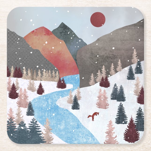 Winter Hunting Fox Square Paper Coaster (Front)