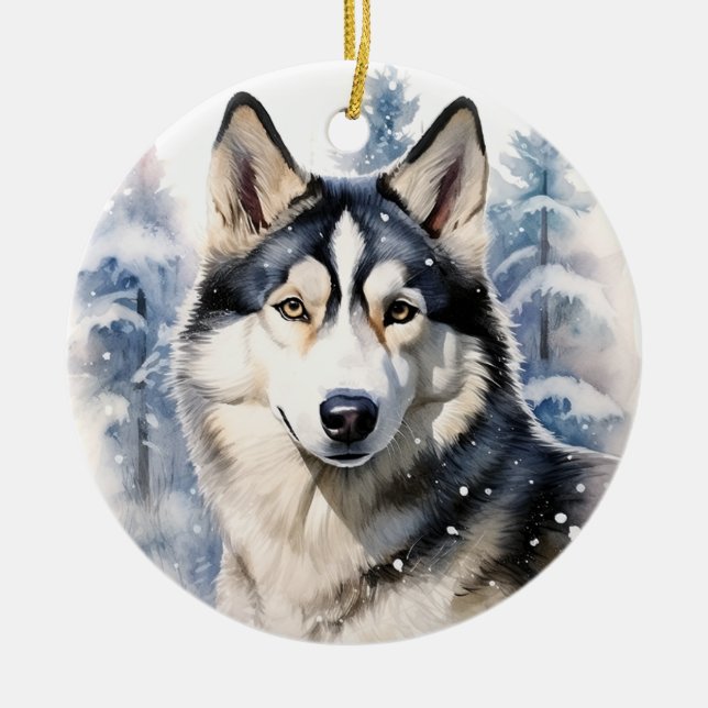 Winter Husky Ceramic Tree Decoration (Front)