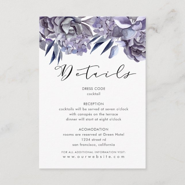 winter hydrangea floral Guest Information Card (Front)