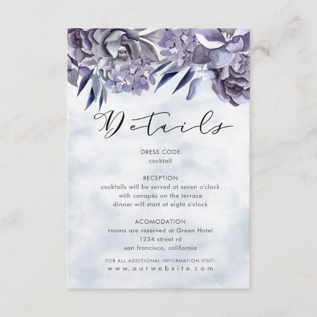 winter hydrangea floral Guest Information Card (Front)