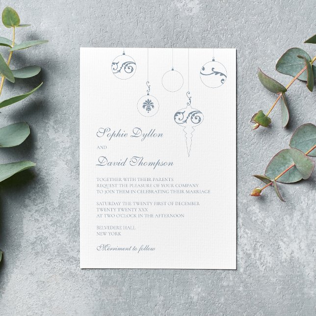 Winter Ice Blue Christmas Bauble Ornaments Wedding Invitation (Christmas Wedding Baubles - Winter Ice Blue Wedding Invitation)