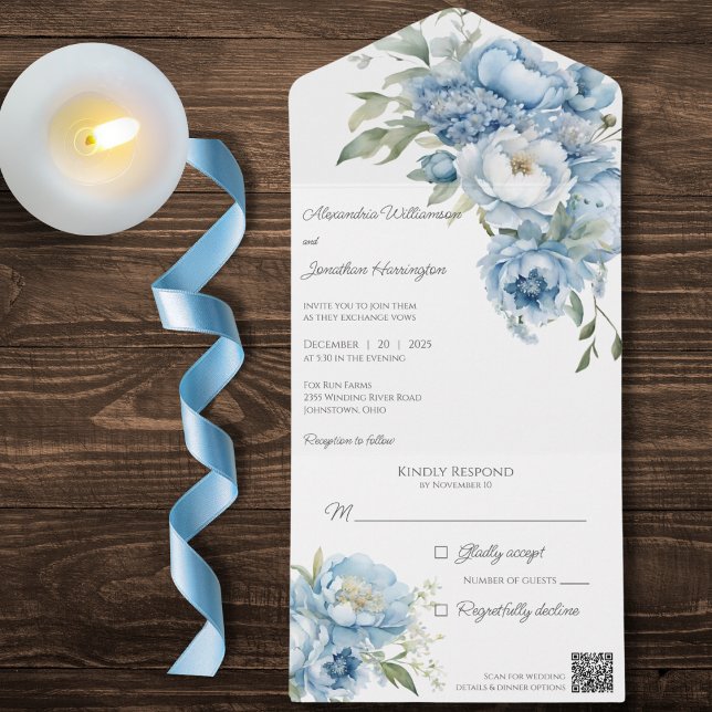 Winter Ice Blue Flowers on White QR Code  All In One Invitation (Creator Uploaded)