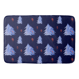 Winter Ice Blue Tree Holly Berries Navy Christmas Bath Mat