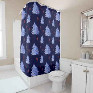 Winter Ice Blue Tree Holly Berries Navy Christmas Shower Curtain