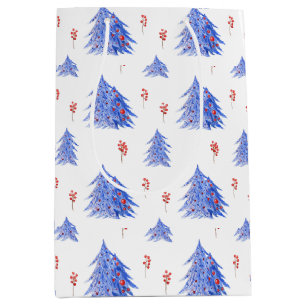 Winter Ice Blue Tree Holly Berries White Christmas Medium Gift Bag