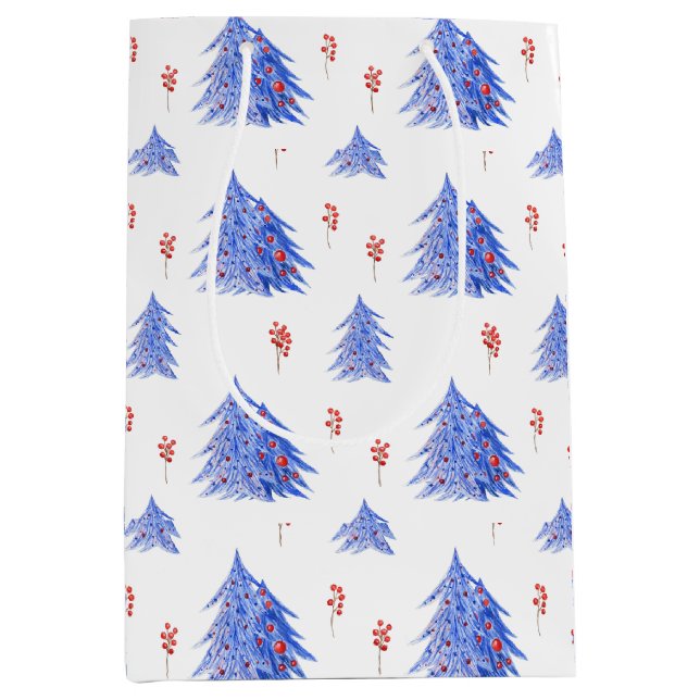 Winter Ice Blue Tree Holly Berries White Christmas Medium Gift Bag (Front)