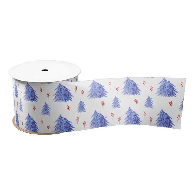 Winter Ice Blue Tree Holly Berries White Christmas Satin Ribbon (Spool)