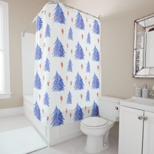Winter Ice Blue Tree Holly Berries White Christmas Shower Curtain (In Situ)