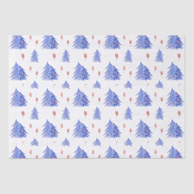 Winter Ice Blue Tree Holly Berries White Christmas Tissue Paper (Front)