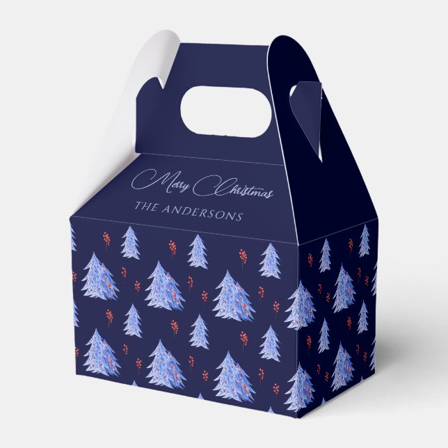 Winter Ice Blue Trees Holly Berries Navy Christmas Favour Box (Front Side)