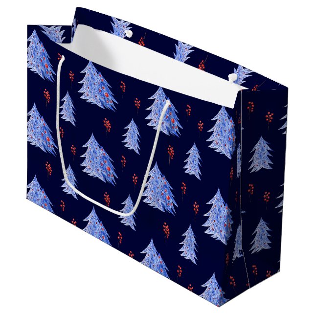 Winter Ice Blue Trees Holly Berries Navy Christmas Large Gift Bag (Front Angled)