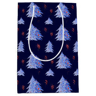 Winter Ice Blue Trees Holly Berries Navy Christmas Medium Gift Bag