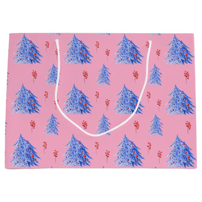 Winter Ice Blue Trees Holly Berries Pink Christmas Large Gift Bag (Front)