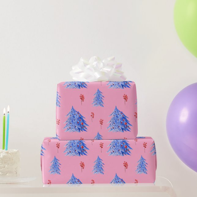 Winter Ice Blue Trees Holly Berries Pink Christmas Wrapping Paper (Party Gifts)