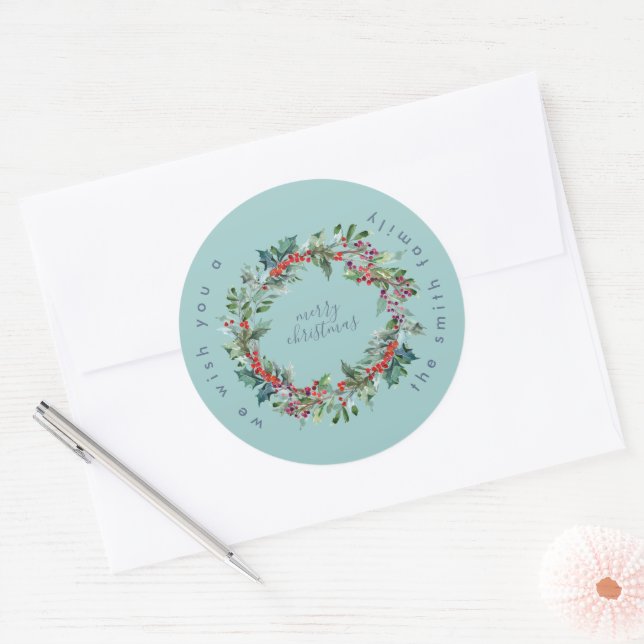 Winter Ice Blue Wreath Christmas Classic Round Sticker (Envelope)
