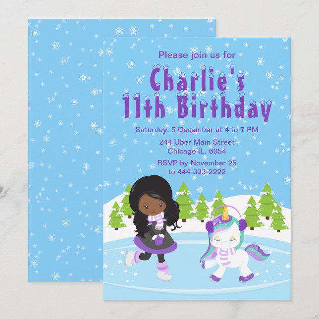 Winter Ice Skating Birthday African American Girl  Invitation (Front/Back)