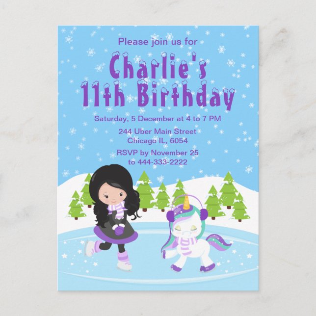 Winter Ice Skating Birthday Black Hair Girl Postca Postcard (Front)