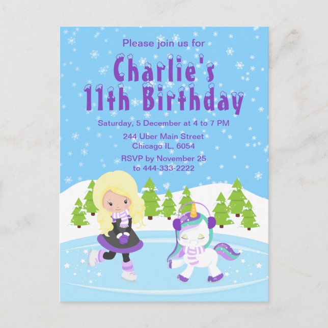 Winter Ice Skating Birthday Blonde Hair Girl Postc Postcard (Front)