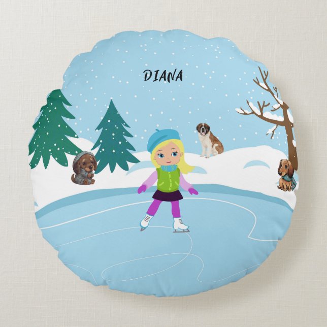 Winter Ice Skating Scene girl's Round Cushion (Front)