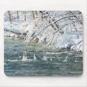 Winter Ice Snowy Creek Tree Branches Nature Mouse Mat