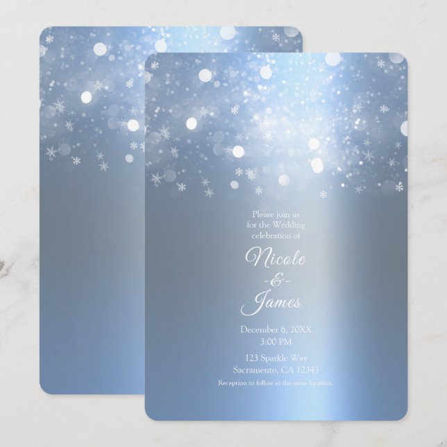 Winter Icy Blue Silver Sparkling Lights Wedding Invitation (Front/Back)