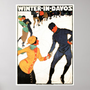 WINTER IN DAVOS Swiss Ice Skating Vintage Ski Poster