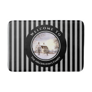 Winter in New England Christmas Black Grey Circle Bath Mat