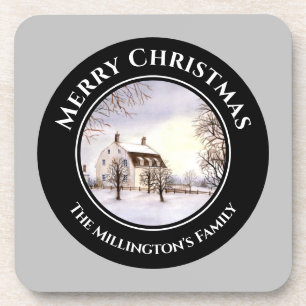 Winter in New England Christmas Black Grey Circle Coaster