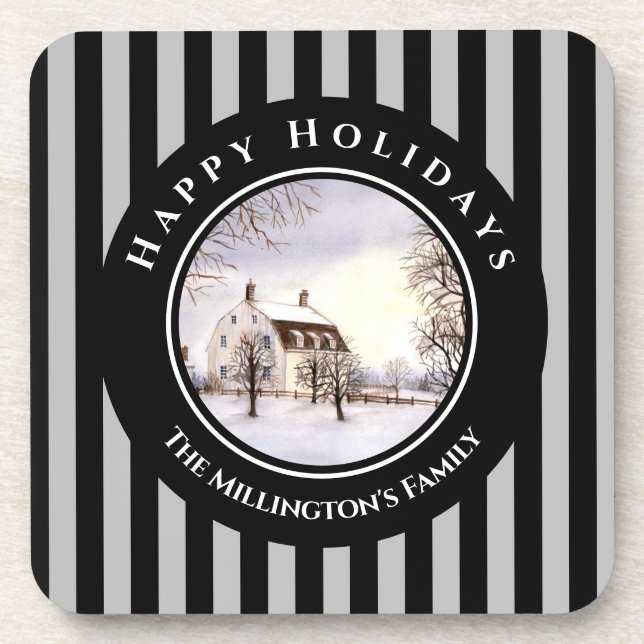 Winter in New England Christmas Black Grey Circle Coaster (Front)