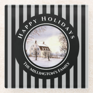 Winter in New England Christmas Black Grey Circle Glass Coaster