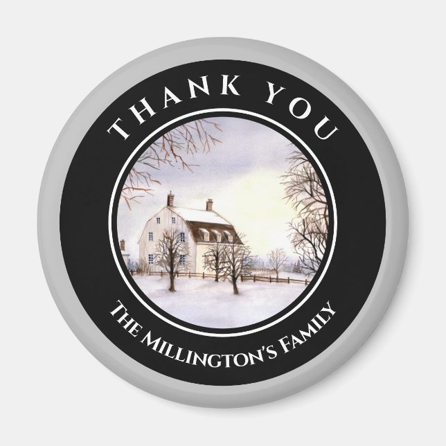 Winter in New England Christmas Black Grey Circle Magnet (Front)