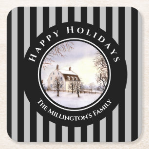 Winter in New England Christmas Black Grey Circle Square Paper Coaster