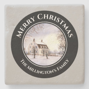 Winter in New England Christmas Black Grey Circle Stone Coaster