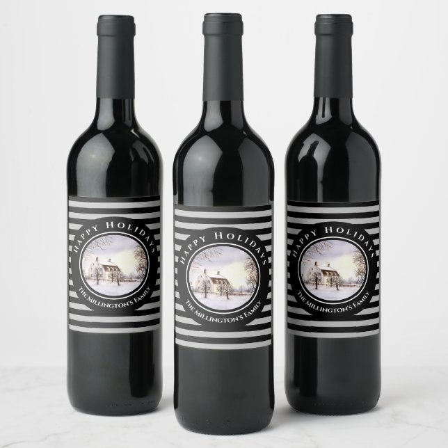 Winter in New England Christmas Black Grey Circle Wine Label (Bottles)