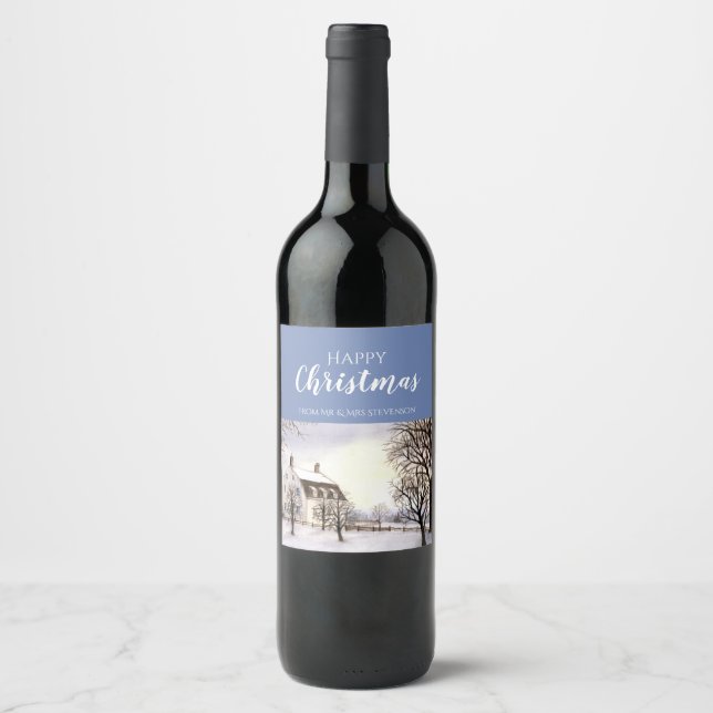 Winter in New England Watercolor Painting Wine Label (Front)