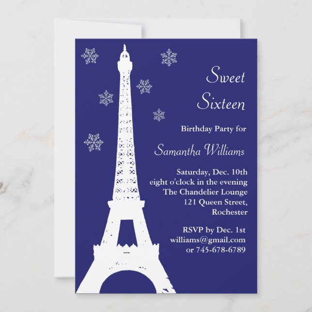 Winter in Paris Birthday Invite indigo (Front)