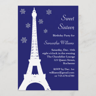 Winter in Paris Birthday Invite indigo