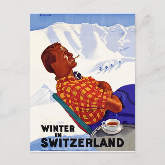 Winter in Switzerland man enjoys in the sun Postcard (Front)