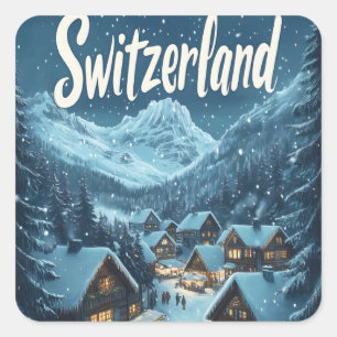 Winter in Switzerland: Mountain Village Scene Square Sticker