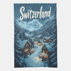 Winter in Switzerland: Mountain Village Scene Tea Towel