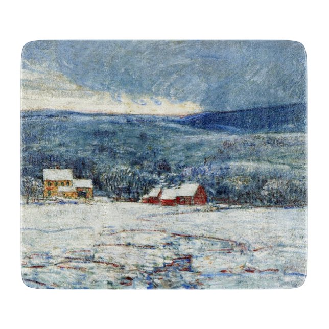 Winter in the Connecticut Hills (by Childe Hassam) Cutting Board (Front)