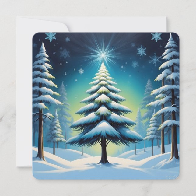 Winter in the Forest with Snow and Shining Star Holiday Card (Front)
