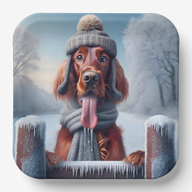 Winter Irish Setter Dog Paper Plate (Front)