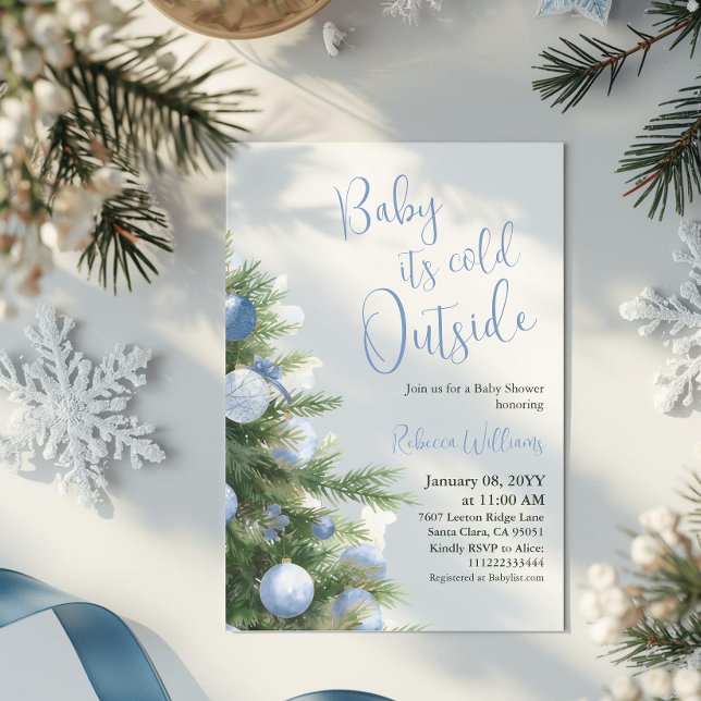 Winter It's Cold Outside Blue Bow Baby Shower Invitation (Creator Uploaded)