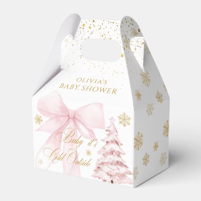 Winter It's Cold Outside Pink Bow Baby Shower Favour Box (Front Side)