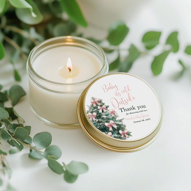 Winter It's Cold Outside Pink Bow Girl Baby Shower Classic Round Sticker (Creator Uploaded)