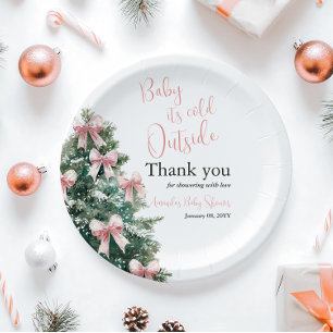 Winter It's Cold Outside Pink Bow Girl Baby Shower Paper Plate