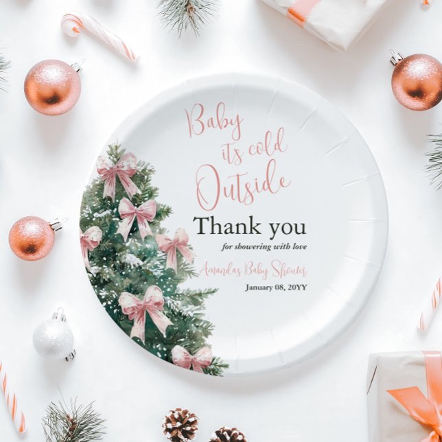 Winter It's Cold Outside Pink Bow Girl Baby Shower Paper Plate (Creator Uploaded)